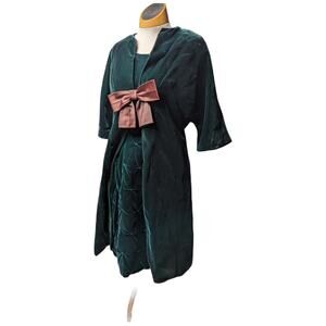 Vtg 1960s Belle Maid Green Velvet Quilted Skirt Knee Length Dress and Jacket 15